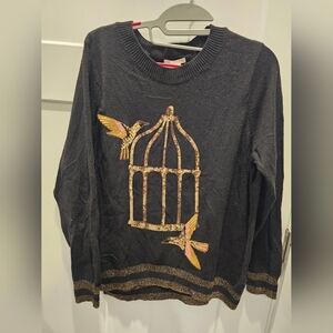 H&M Sequin Hummingbird Sweater Large Black Gold Metallic Holiday Pullover